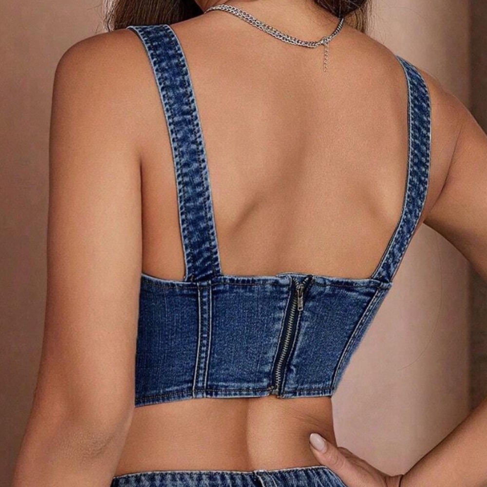 Light Wash Denim zip up Bustier Crop Top - Picture 4 of 7